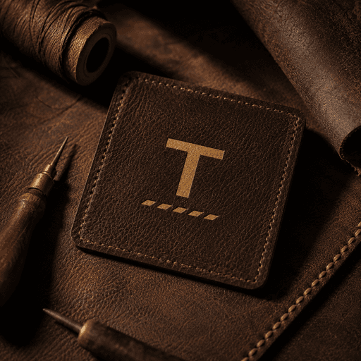 A leather patch embossed with a brass T standing on a row of saddle stitches, resting on a workbench beside an awl and a bobbin of waxed thread