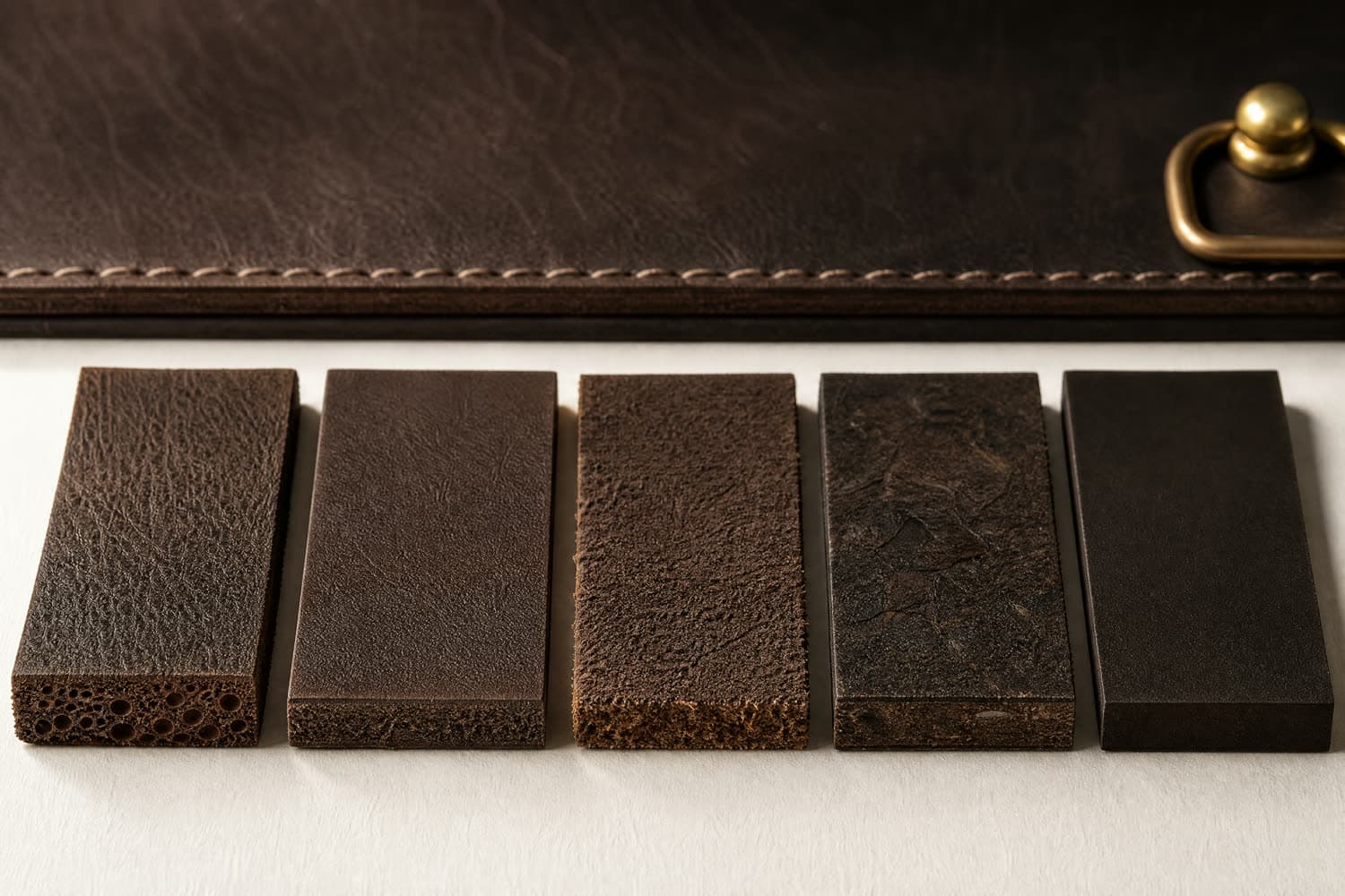 Five leather swatches in a row with their cut edges facing the camera: full-grain with open pores, buffed top-grain, fibrous split, compressed bonded, and uniform coated synthetic