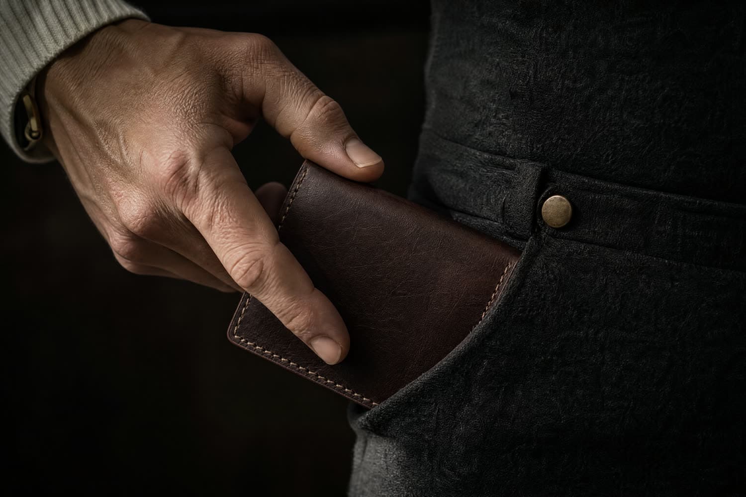 A wallet being drawn from a front trouser pocket