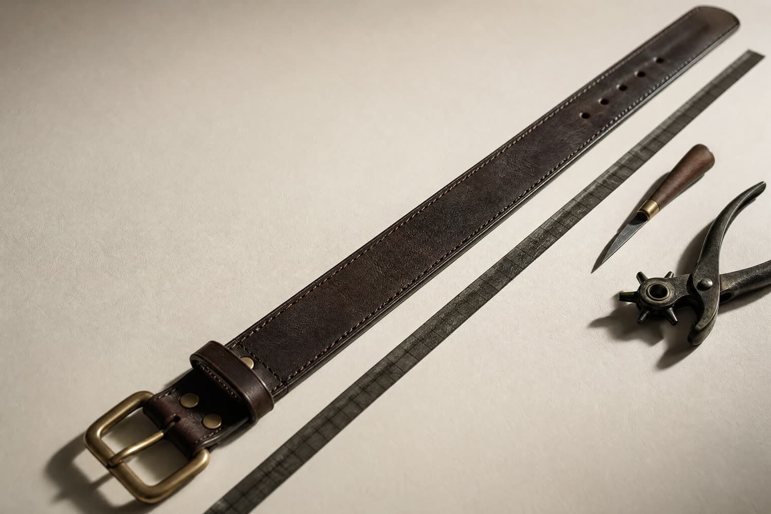 A leather belt laid out straight with a steel tape measure alongside it, a craft knife and a hole punch at the tail end